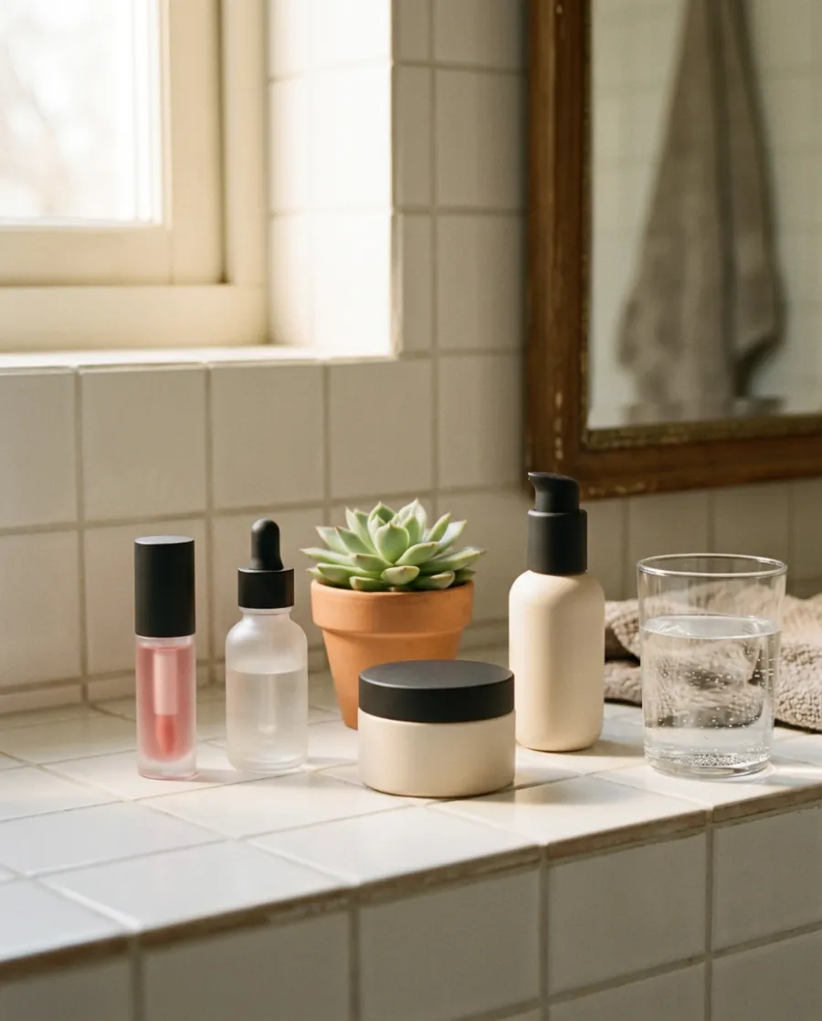 Badregal mit Lippenöl, Serum, Balsam und Creme neben einer Pflanze