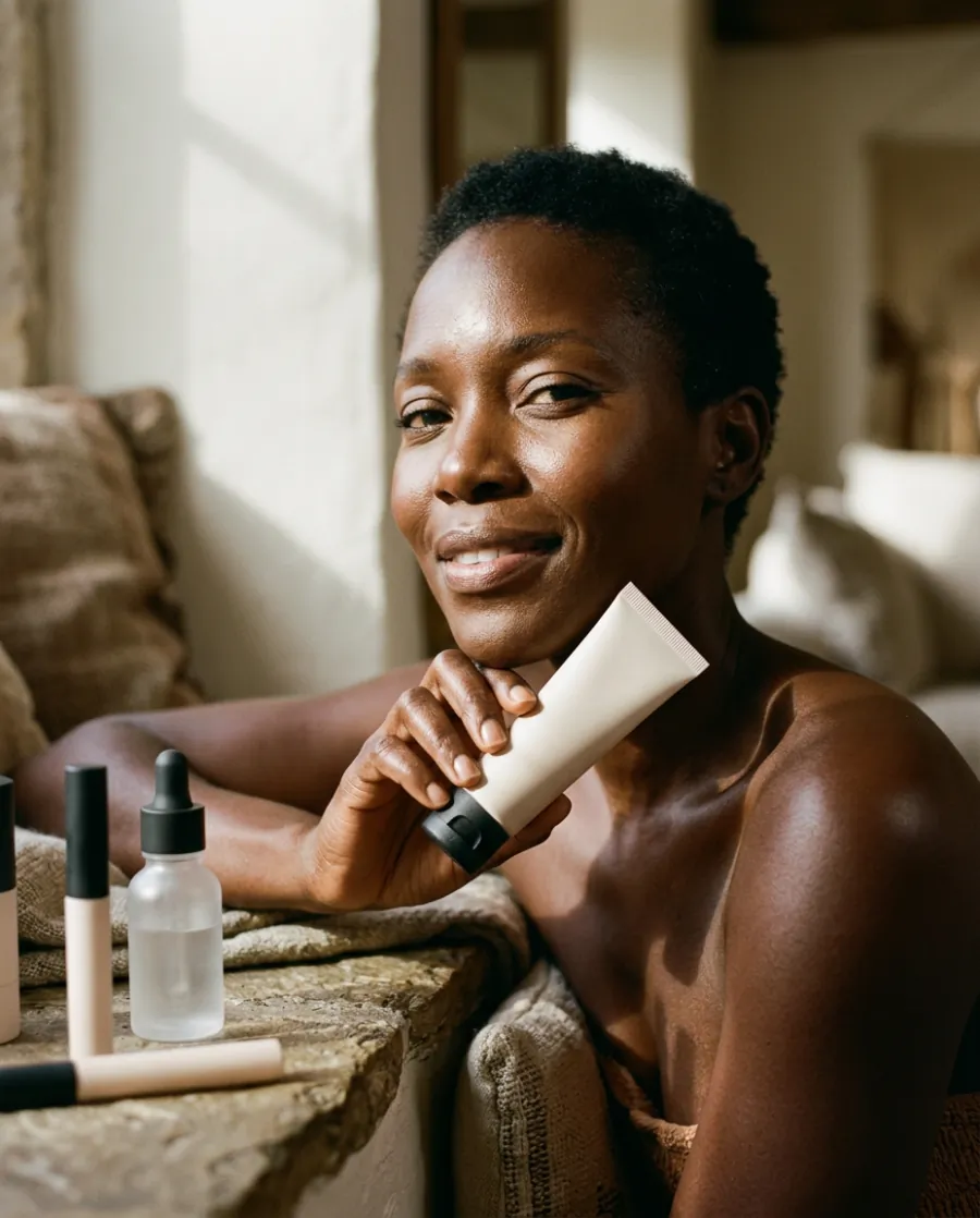 Frau mit strahlender Haut hält eine Tube Skin Tint