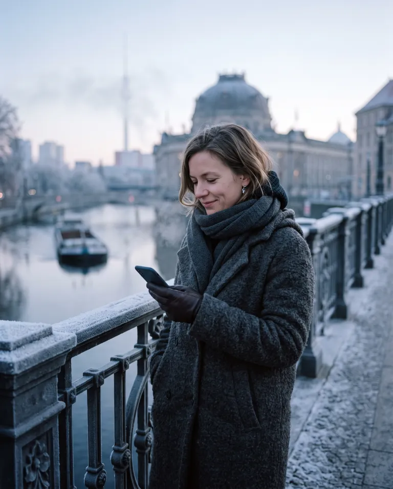 Eine Frau im Wintermantel steht an einem frostigen Morgen auf einer Berliner Brücke und schaut lächelnd auf ihr Handy