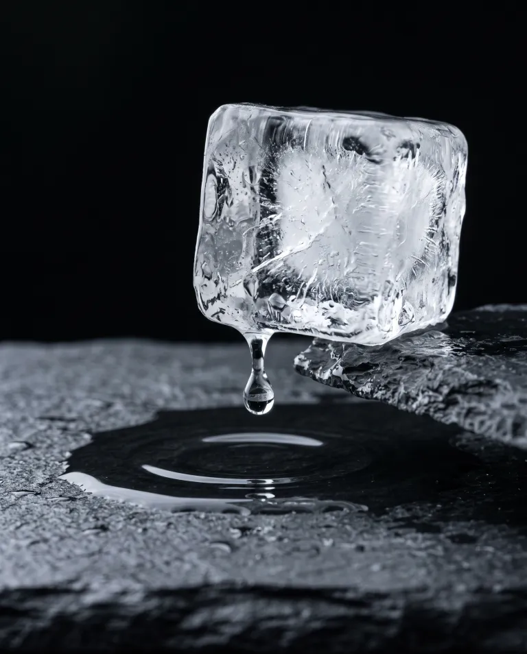 Ein schmelzender Eiswürfel, ein einzelner Tropfen fällt in stilles Wasser