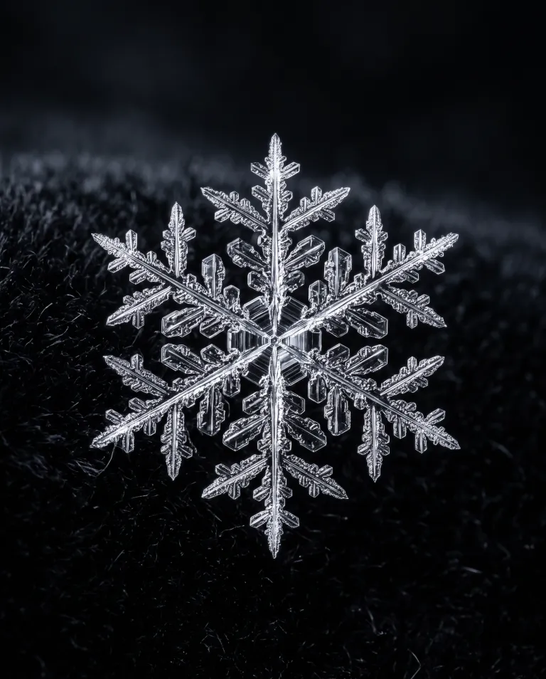 Eine perfekte sechseckige Schneeflocke auf schwarzem Samt
