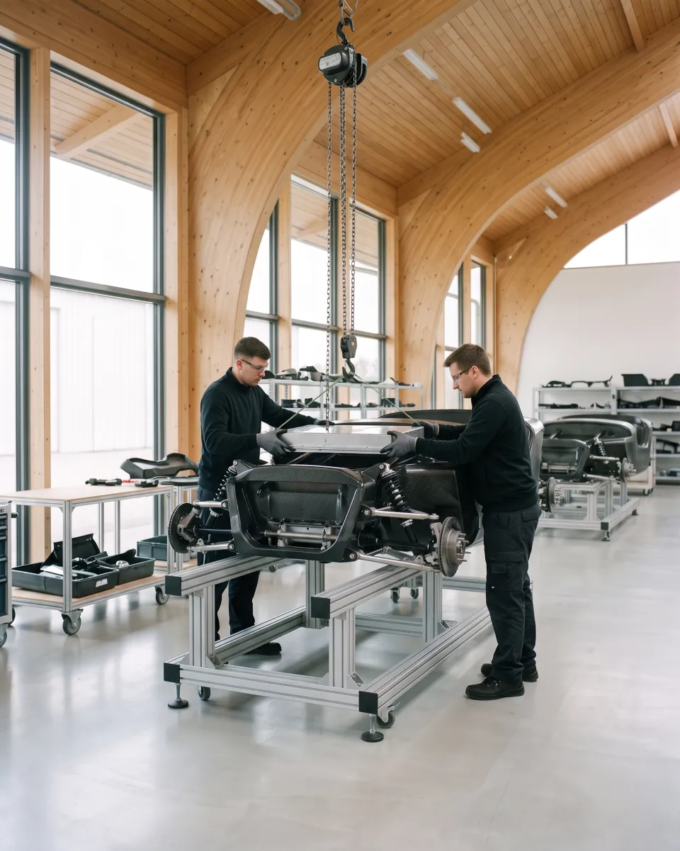 Ein flacher Akkublock wird vorsichtig in das Chassis abgesenkt.
