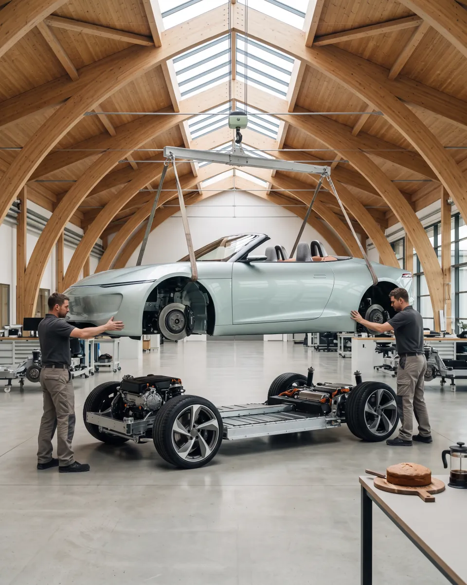 Die Karosserie schwebt an einem Hebegeschirr über dem fertigen Fahrwerk.